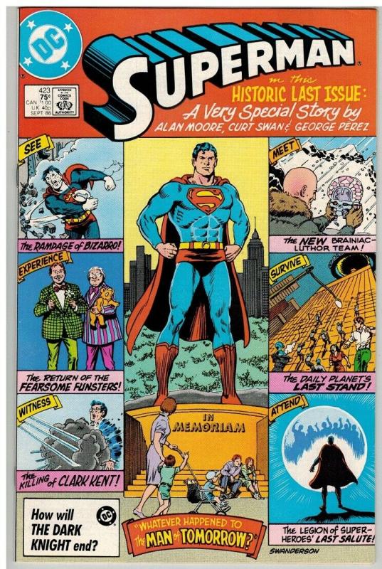 SUPERMAN 423 F-VF  ALAN MOORE PEREZ historic Sept. 1986