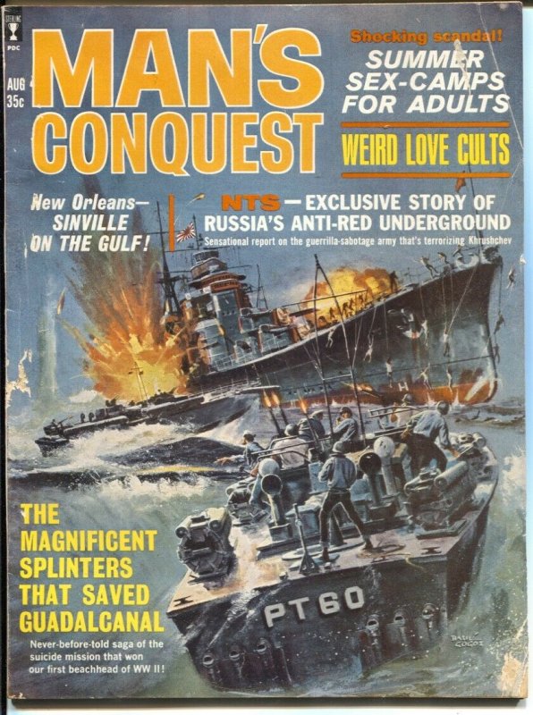 Man's Conquest 8/1963-Basil Gogos PT Boat cover-cheesecake pix-war-crime-expl...