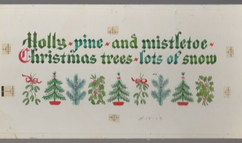 MERRY CHRISTMAS Holly Pine & Mistletoe 13x6.5 Greeting Card Art #1513