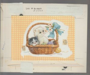 BIRTHDAY Cute Puppy & Kitten in Basket w/ Ribbon 8x6.5 Greeting Card Art #B4027