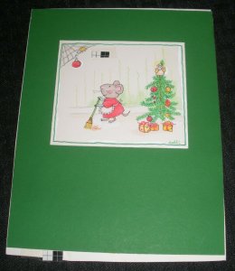 CHRISTMAS Cartoon Mouse Sweeping w/ Tree 5.5x7 Greeting Card Art #FL419