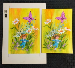 HAPPY BIRTHDAY Boy Chasing Butterfly w/ Net 2pcs 7x10 Greeting Card Art #B9663