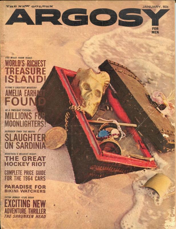 Argosy 1/1964-Popular Pubs-pulp fiction-skull-shrunken heads-cheesecake-VG 