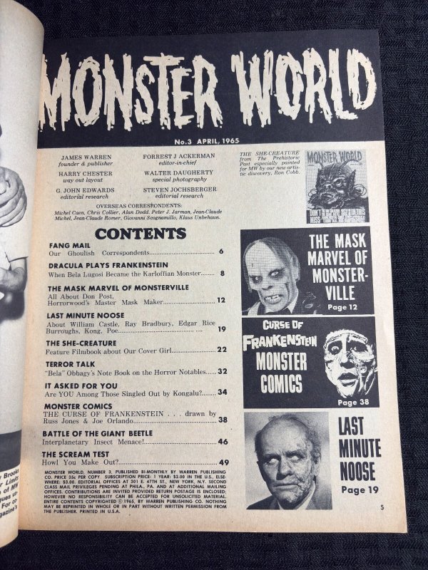1965 MONSTER WORLD Magazine #3 FN+ 6.5 Curse of Frankenstein / She Creature
