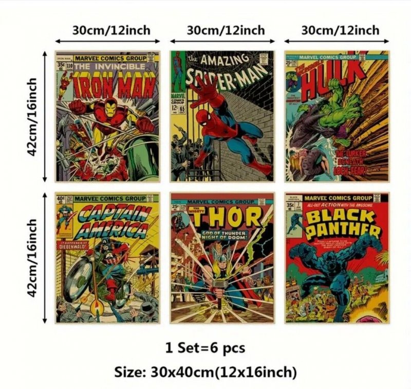 Set of 6: MARVEL AVENGERS Comic Covers Vintage Style Posters 12×16 NEW No Frame