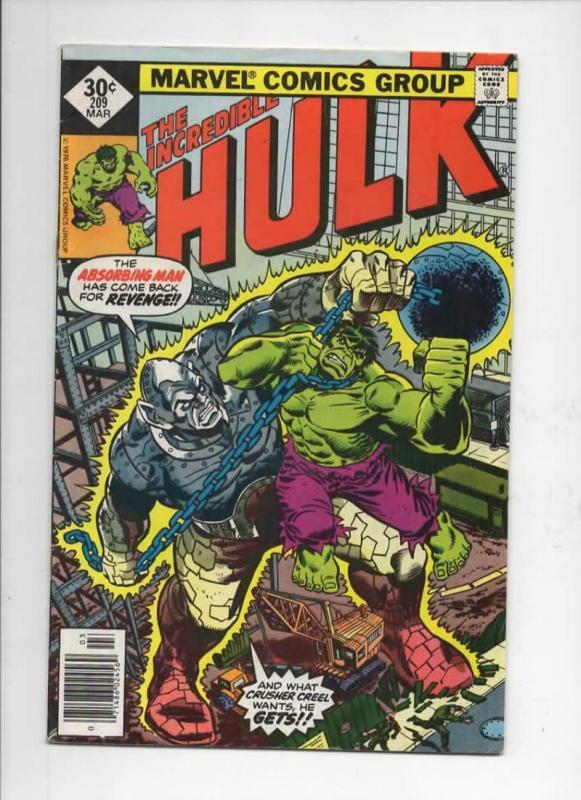 HULK #209, FN, Incredible, Bruce Banner, Absorbing Man, 1968 1977, Marvel