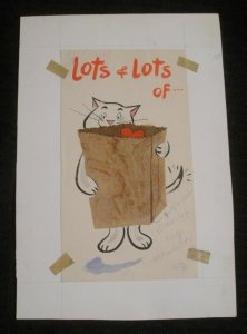 VALENTINE Cartoon Cat w/ Grocery Bag & Heart 4.5x8 Greeting Card Art #2443