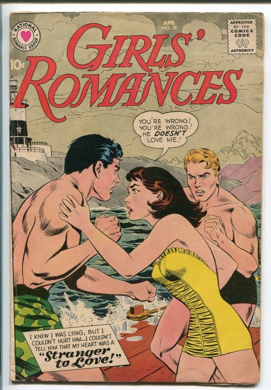 GIRLS' ROMANCES #59 159-DC-SWIMSUIT COVER-STRANGER TO LOVE-vg