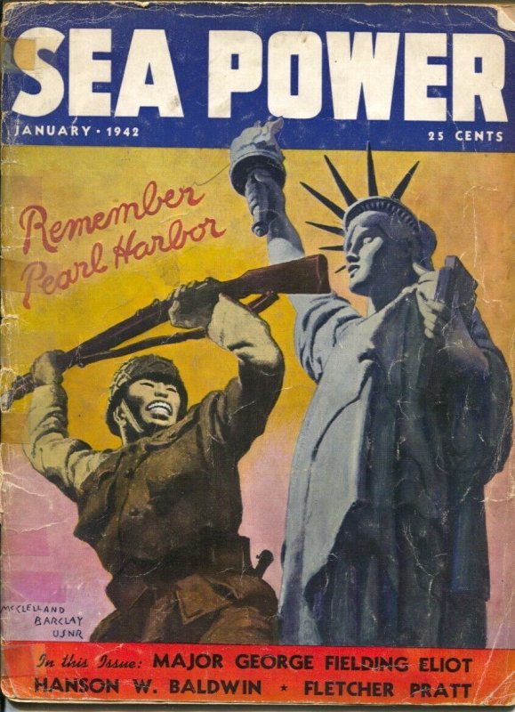 Sea Power 1/1942-McClelland Barclay Remember Pearl Harbor cover-FDR-war pix-i...