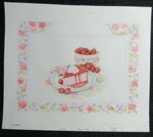 STILL LIFE Strawberry Shortcake & Pink Roses 14.25x12 Greeting Card Art #E0082