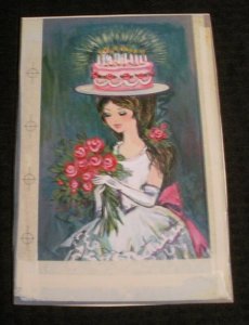 BIRTHDAY Beautiful Girl w/ Cake Hat & Flowers 6.25x9 Greeting Card Art #B9806