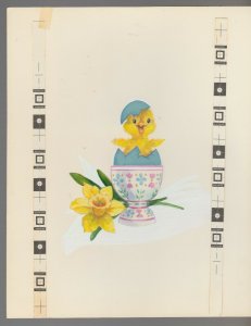SPRING IS POPPING Chick in Egg w/ Daffodil 7.5x9.5 Greeting Card Art #E2411