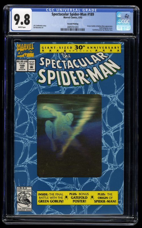 Spectacular Spider-Man #189 CGC NM/M 9.8 White Pages Hologram Cover!