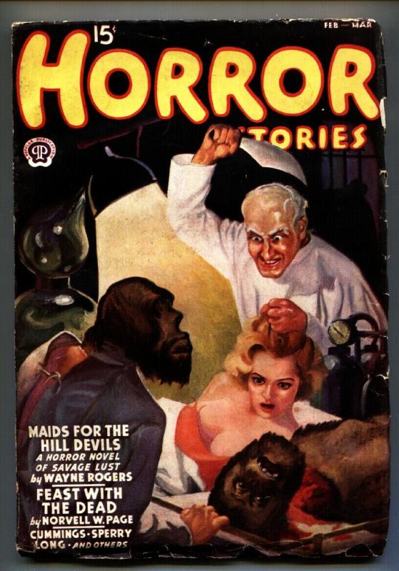 Horror Stories 2/1938-Severed head-Ape head transplant! Wild Pulp!