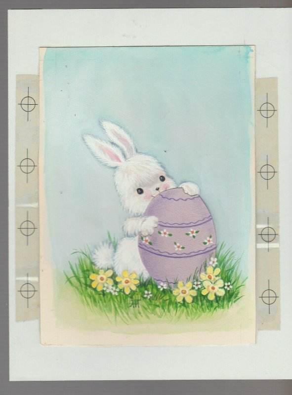 A BIG WISH White Bunny w/ Purple Egg & Flowers 6.5x8 Greeting Card Art #E2407