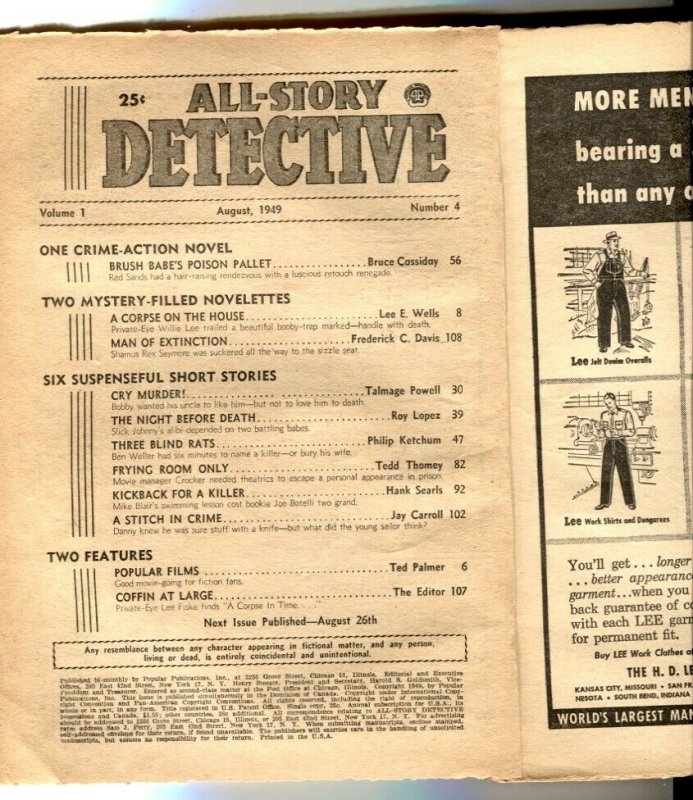 All-Story Detective Pulp August 1949- coverless reading copy