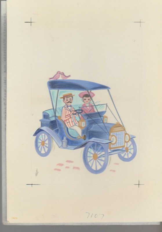 WEDDING ANNIVERSARY Cute Couple in Antique Car 6x9 Greeting Card Art #WA7107