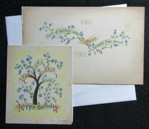 BIRTHDAY Tree with Blue Flowers & Music Notes 2pcs 14x9 Greeting Card Art #B578