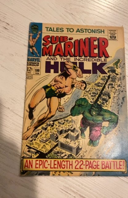 Tales to Astonish #100 (1968) hulk vs namor. 1 inch spine split bottom