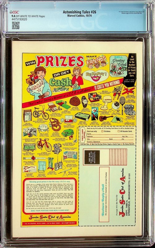 Astonishing Tales #26  (1974) - CGC 9.4 - Cert#4475193020