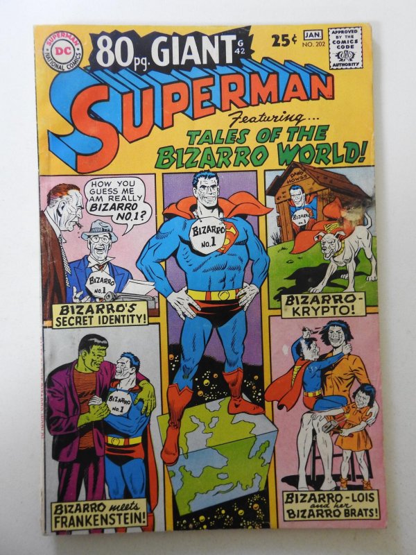 Superman #202  (1968) VG- Condition! Tape pull front cover, 1 in spine split