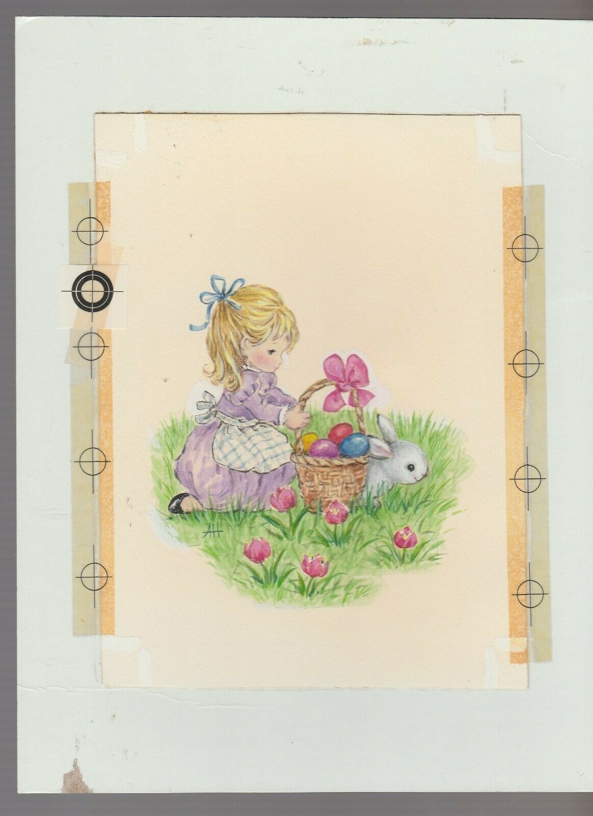 IT S HERE Cute Girl W Egg Basket Bunny 7x9 25 Greeting Card Art 