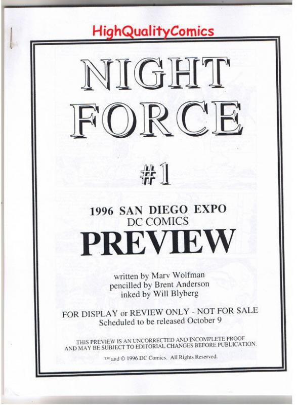 NIGHT FORCE #1 Black and White Promo, 1996, VF/NM, Preview, more in store