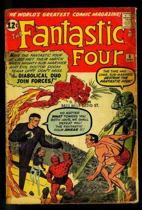 Fantastic Four #6 1962- 2nd Dr Doom - 1st Super Villain Team Up- G-