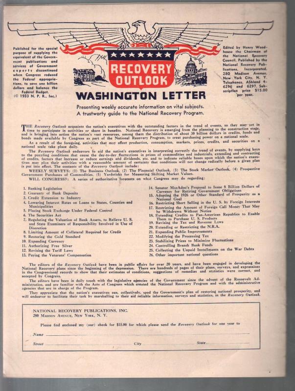 National Recovery Survey #1 11/1933-1st issue-Uncle Sam-historic-unique-VF