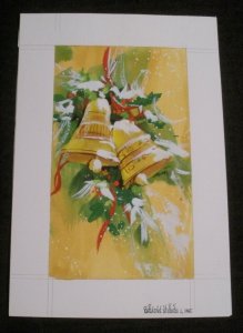 CHRISTMAS Golden Bells w/ Boughs of Holly 6.5x9.5 Greeting Card Art #11485