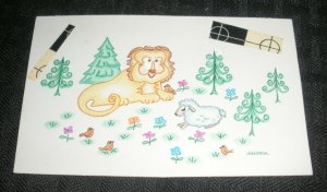 CHRISTMAS Cartoon Lion & Lamb in Flower Patch 4.5x3 Greeting Card Art #FL54