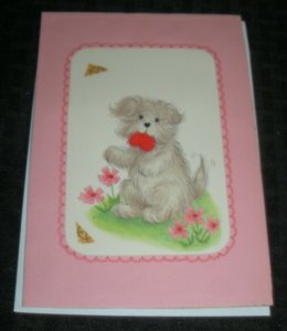 VALENTINE Cute Puppy w/ Pink Flowers & Heart 5x7 Greeting Card Art #3414