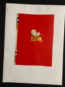 VALENTINES DAY Cute Cartoon Bee with Red Hearts 6x8 Greeting Card Art V3551