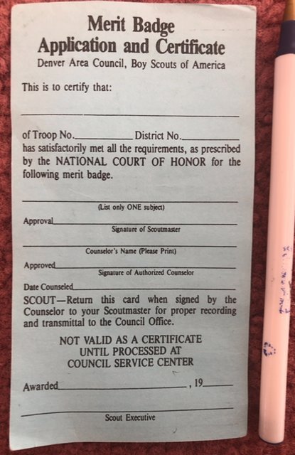 Merit badge application&certificate, Boy Scouts, Denver
