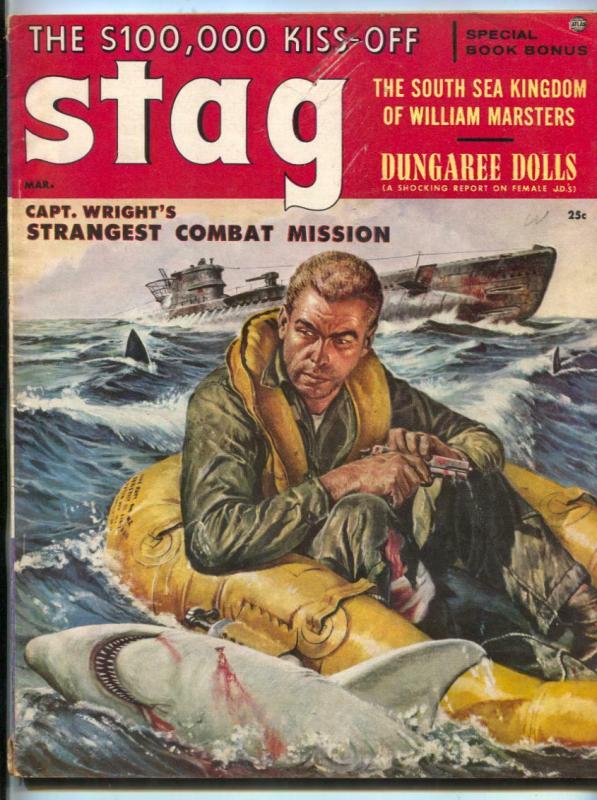 Stag Magazine March 1957- Wild SHARK cover- William Marsters