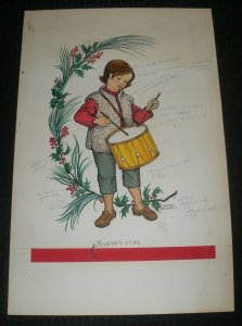 CHRISTMAS Little Drummer Boy w/ Holly Berries 9.5x15 Greeting Card Art #125-4