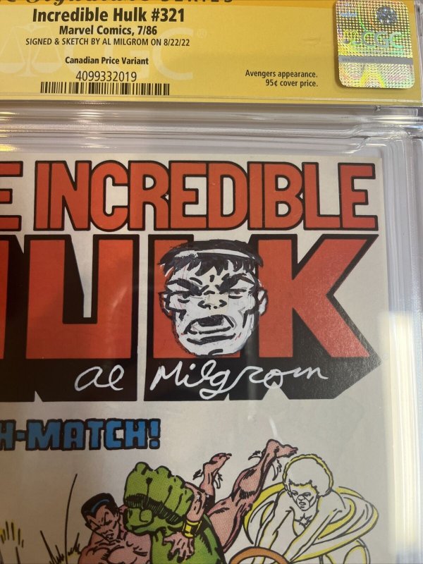 Incredible Hulk (1986) # 321 (CGC 9.6 SS) Signed Sketch (Hulk)  Al  Milgrom |CPV