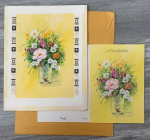 FRIENDLY HELLO Flowers in Glass Vase 7.5x9.5 Greeting Card Art C9637 w/ 1 Card