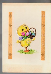 HAPPY DAY Painted Duckling w/ Egg Basket Flowers 7x10 Greeting Card Art #E2437