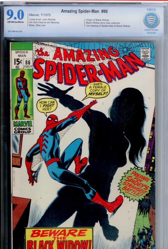 Amazing Spider-Man  #86 CBCS 9.0 OW/WHITE pages, new look BLACK WIDOW (like CGC)