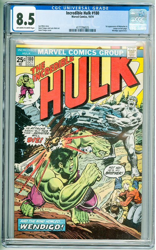 The Incredible Hulk #180 (1974) CGC 8.5! OWW Pages! 1st Cameo App of Wolverine!