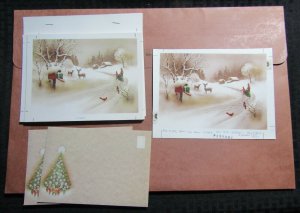 MERRY CHRISTMAS Sepia Mailbox Deer & Tree on Sled 8x6 Greeting Card Art #4002