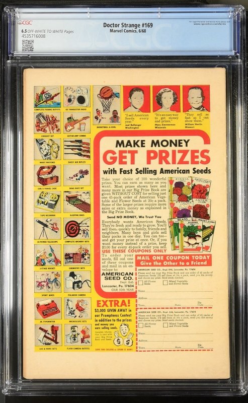 Doctor Strange 169 Cgc 6.5 Marvel 1968 Ow/w Pages