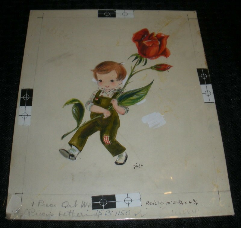 BIRTHDAY Cute Boy w/ Overalls & Red Rose 8x10 Greeting Card Art #6084