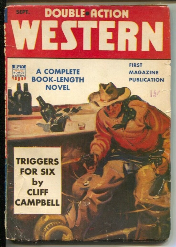 Double Action Western-9/1942-barroom gunfight cover-Pulp stories by Archie Jo...