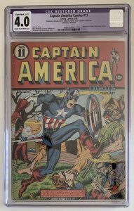 (1942) Captain America Comics #11 CGC Restored 4.0 Golden Age Classic!