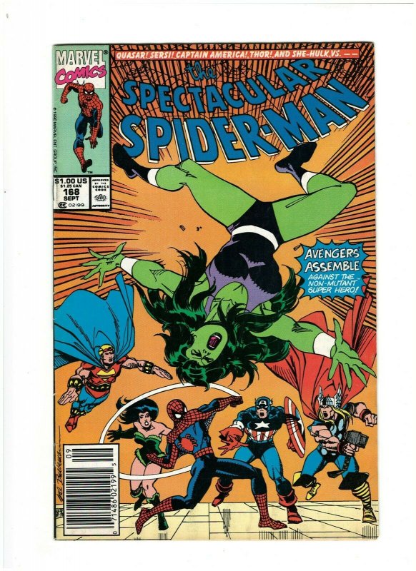 Spectacular Spider-man #168 FN/VF 7.0 Newsstand Marvel 1990 She-Hulk,Avengers