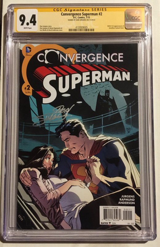1ST JONATHAN (JON) SAMUEL KENT Convergence Superman #2 SIGNED Variant CGC 9.4 NM
