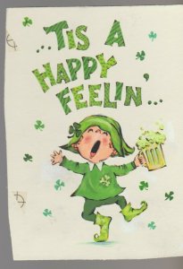 BOY LEPRECHAUN HAPPY FEELIN BEER 4x6 #781 St Patrick's Day Greeting Card Art