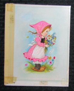 MOTHERS DAY Cute Girl in Pink Dress w/ Flowers 5.5x7 Greeting Card Art #17578